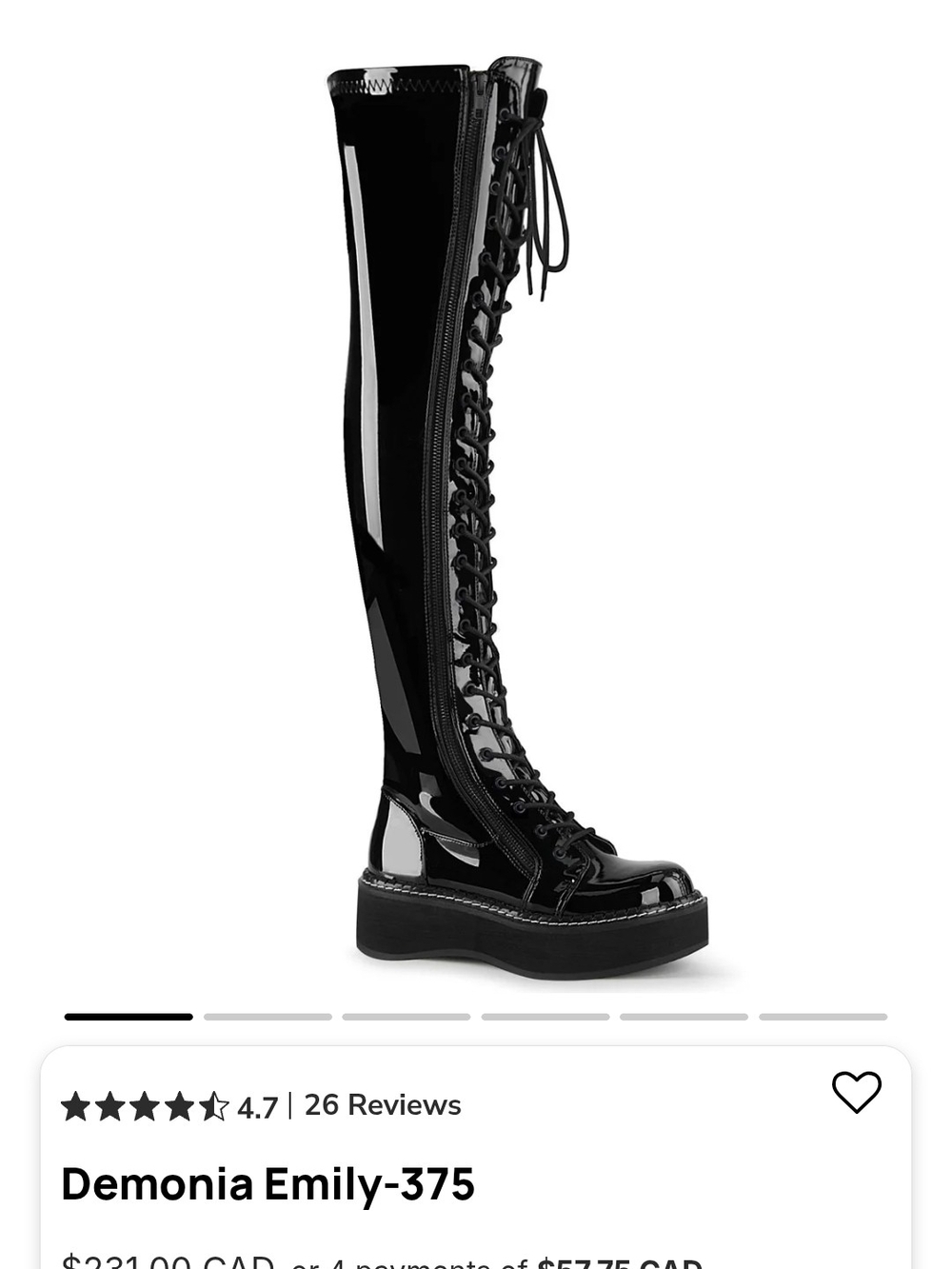 Demonia Emily-375 Black Patent Knee-High Lace-Up Boot